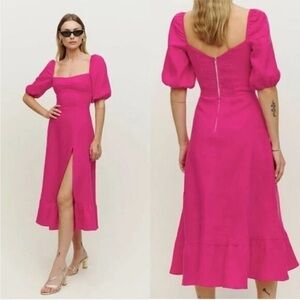 Reformation Fit & Flare Puff Short Sleeve Belgium Linen Dress Corvette Pink Sz 8